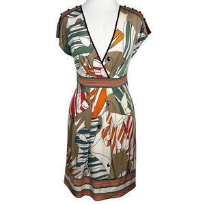 VINTAGE BCBG Max Azria Button Trim Shoulder Butterfly Print Jersey Knit Dress